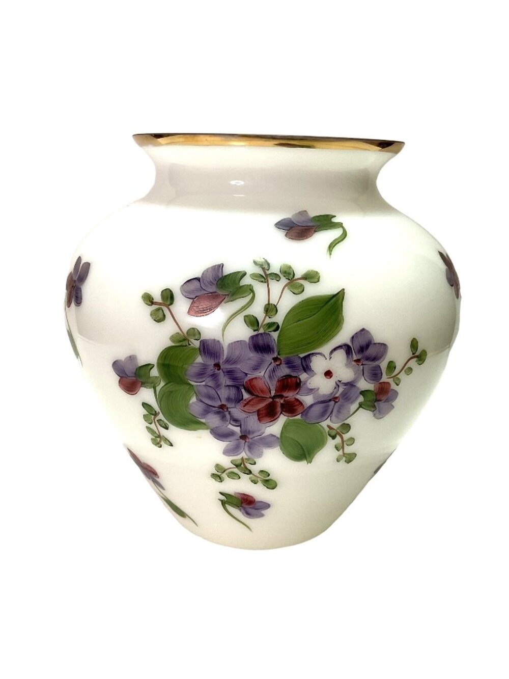 Large Vtg Glass Vase Lustrous White w/ Handpainted Violets & Gold Trim 8" Tall